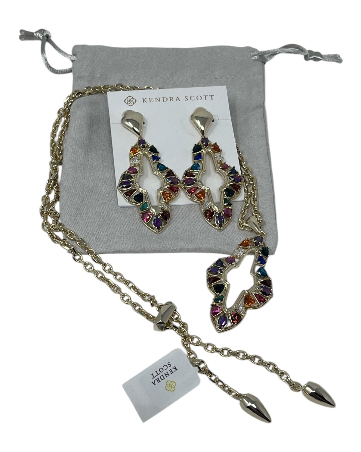 Kendra Scott Abbie Set Gold Multi Mix Pendant Necklace + Earrings Set Nwt $400